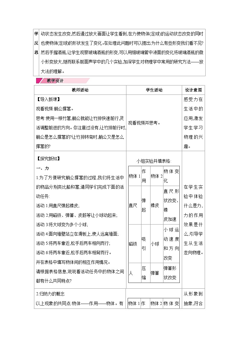 7.1　力 教案（ 表格式） 2024-2025学年度人教版物理八年级下册第2页