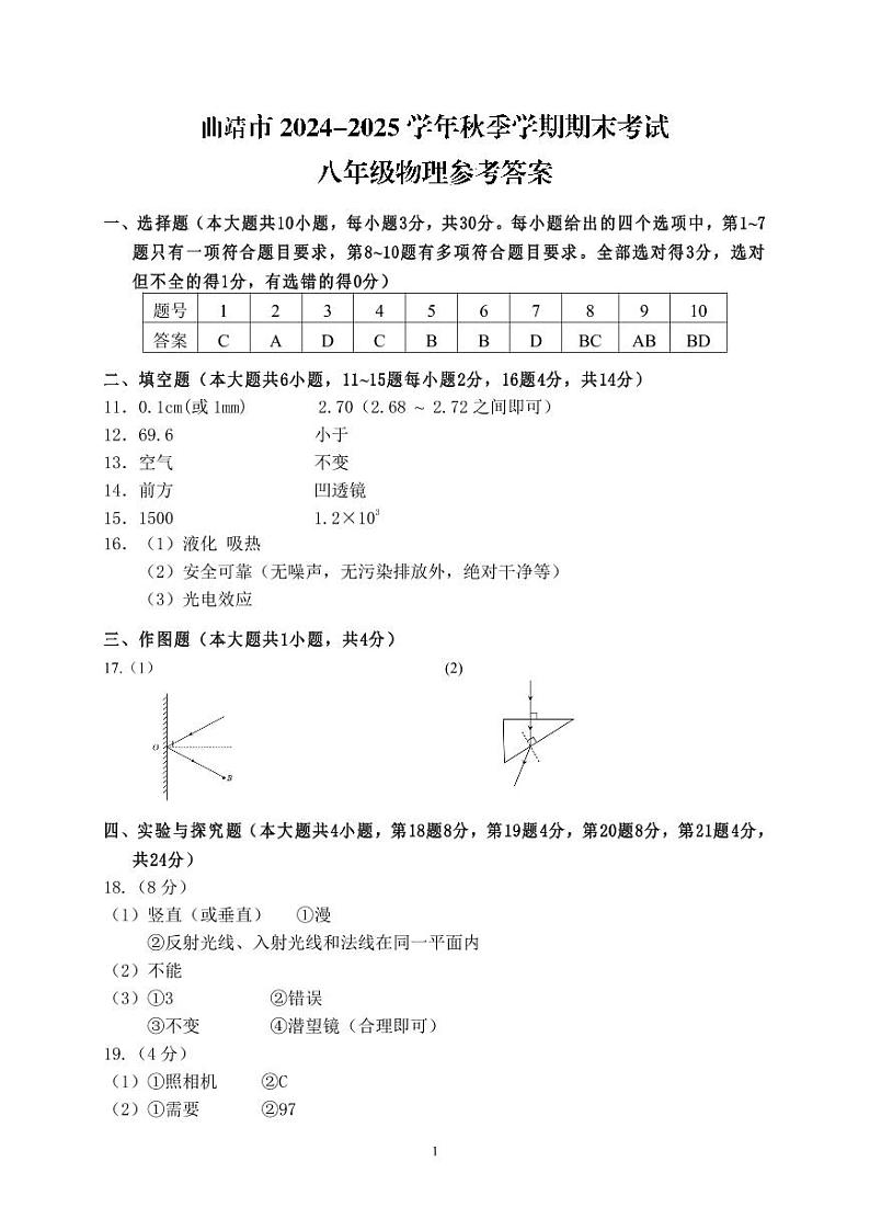 【8年级07物理】曲靖市2024-2025学年秋季学期期末考试八年级物理答案（pdf原卷版）第1页