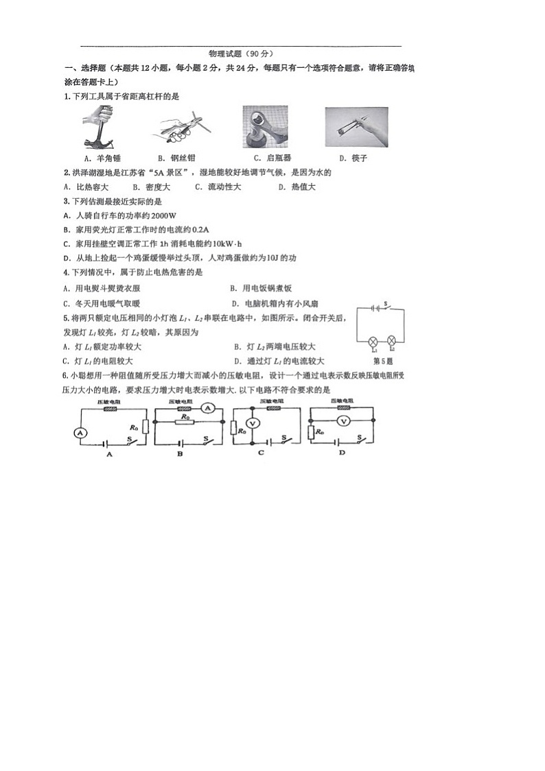 江苏省宿迁市宿豫区2024-2025学年九年级上学期1月期末物理试题第1页