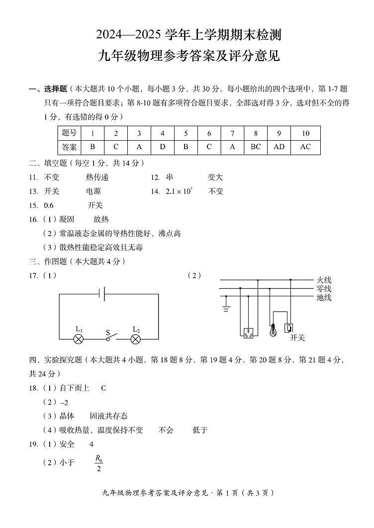 九年级物理参考答案第1页