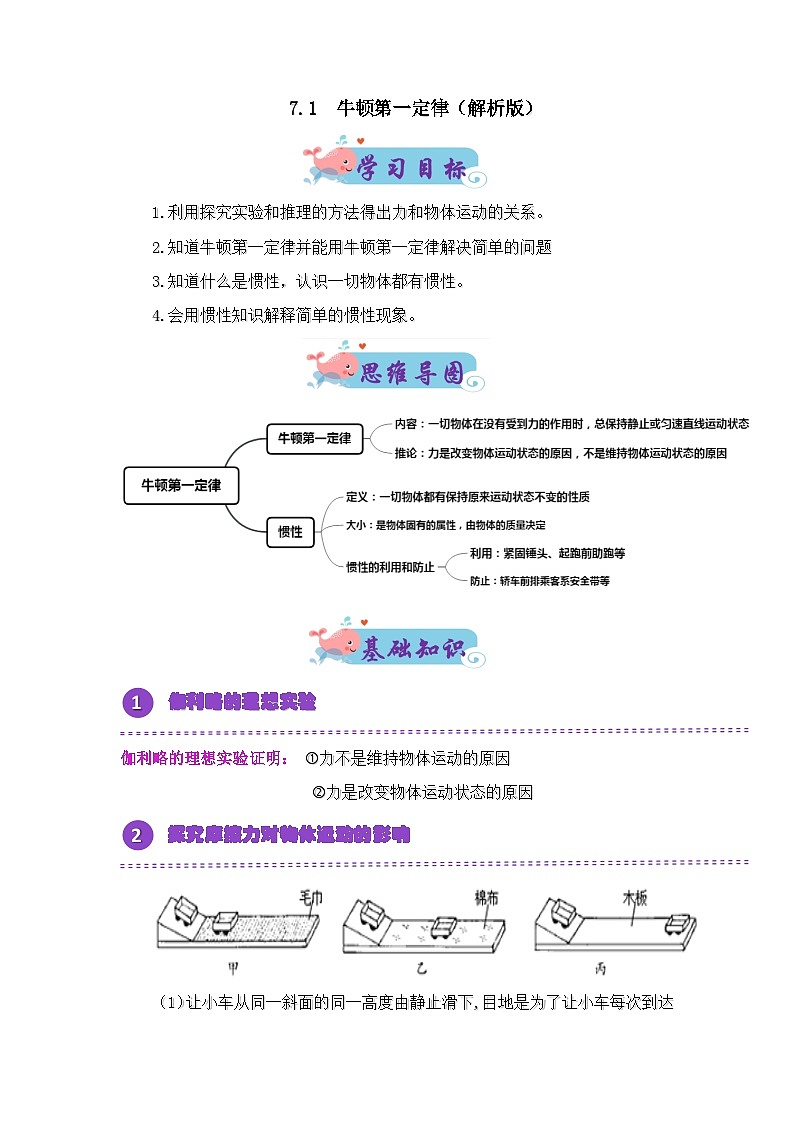 7.1 牛顿第一定律（原卷版）第1页