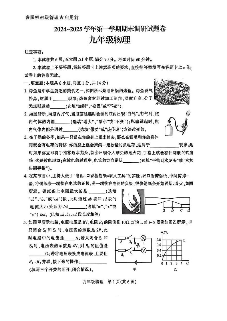 河南省平顶山市2024-2025学年九年级上学期期末考试物理试题第1页