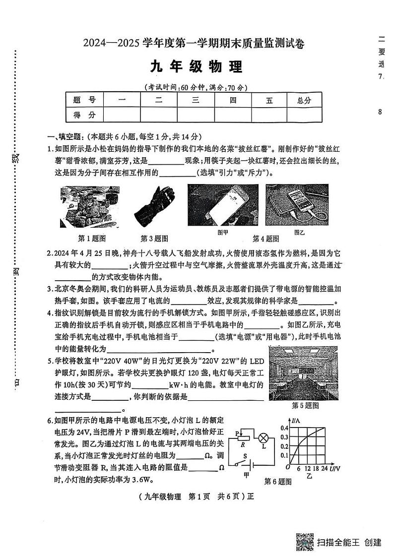 河南省驻马店市正阳县2024-2025学年九年级上学期1月期末物理试题第1页