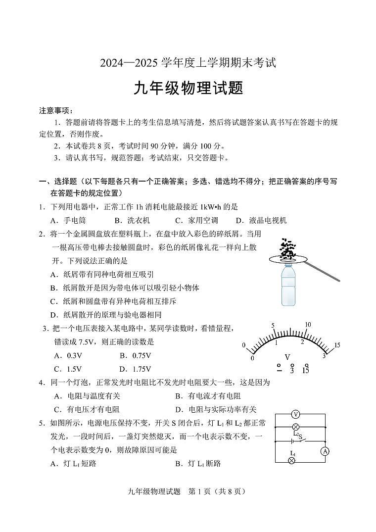 山东省泰安市肥城市2024-2025学年九年级上学期1月期末物理试题第1页