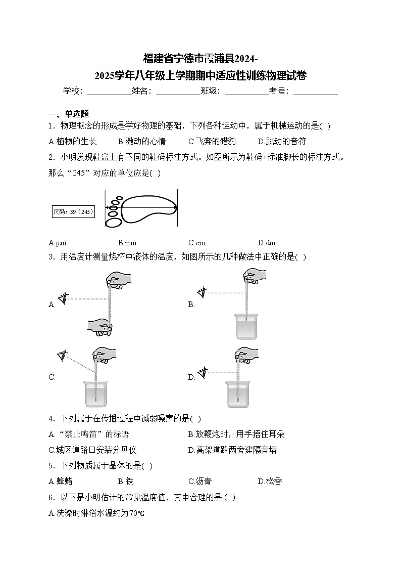 福建省宁德市霞浦县2024-2025学年八年级上学期期中适应性训练物理试卷(含答案)第1页