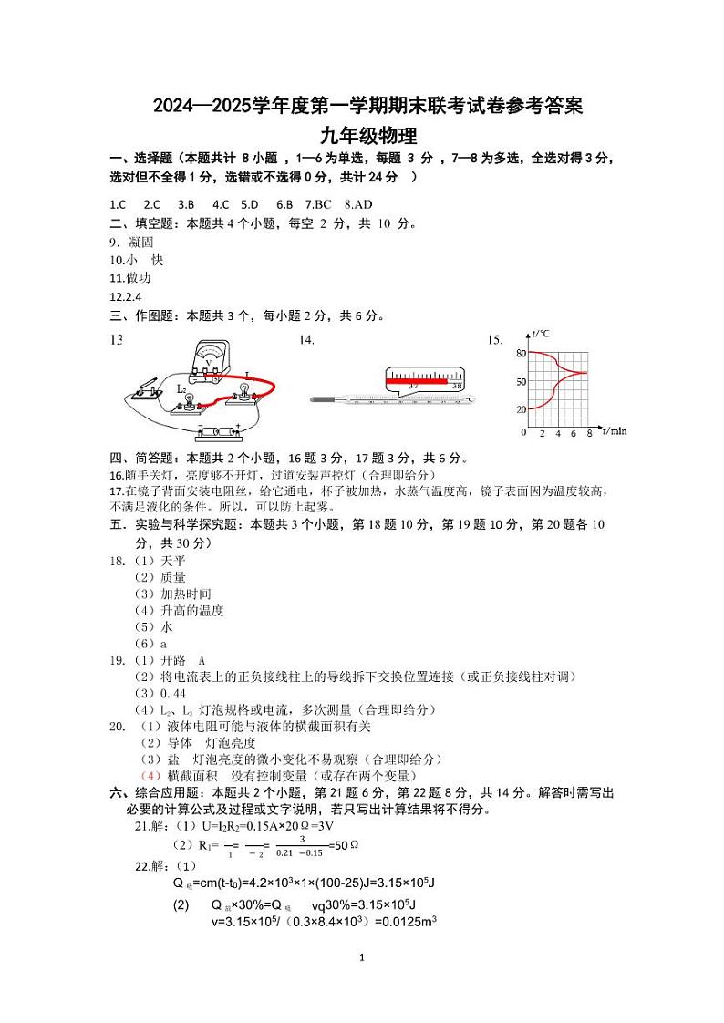 九年级理综物理参考答案第1页