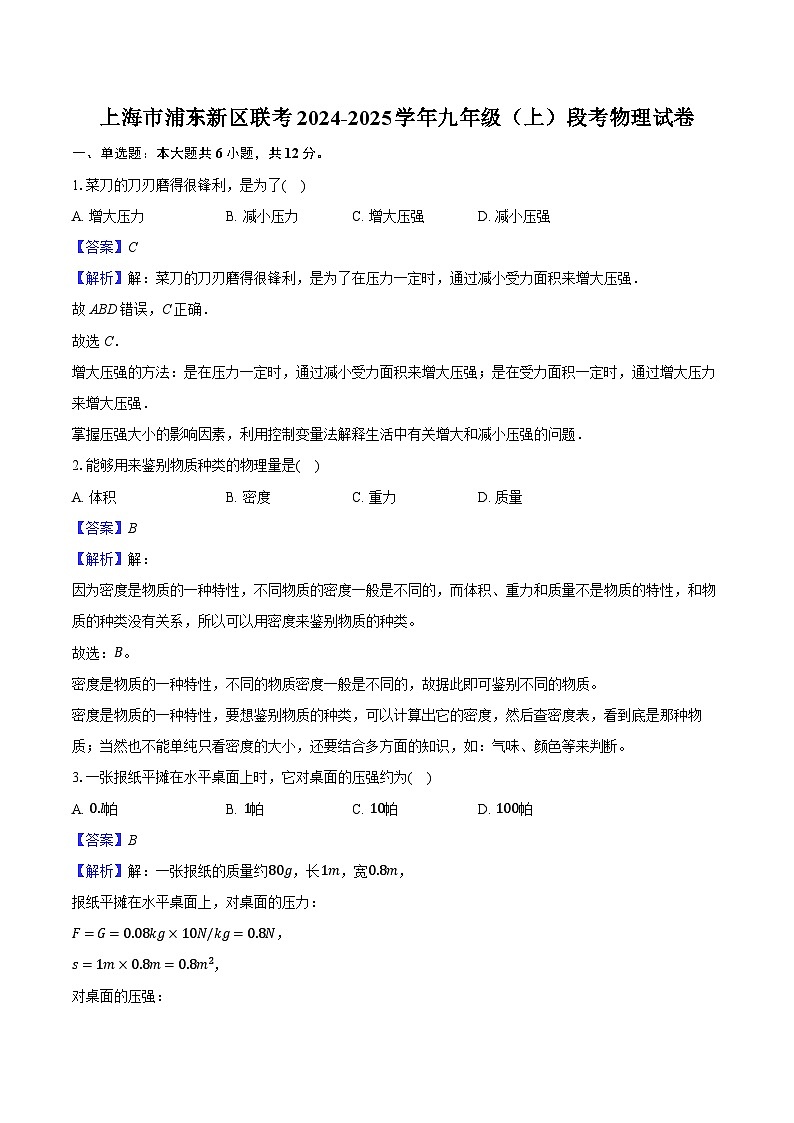 上海市浦东新区联考2024-2025学年九年级（上）段考物理试卷（含解析）第1页