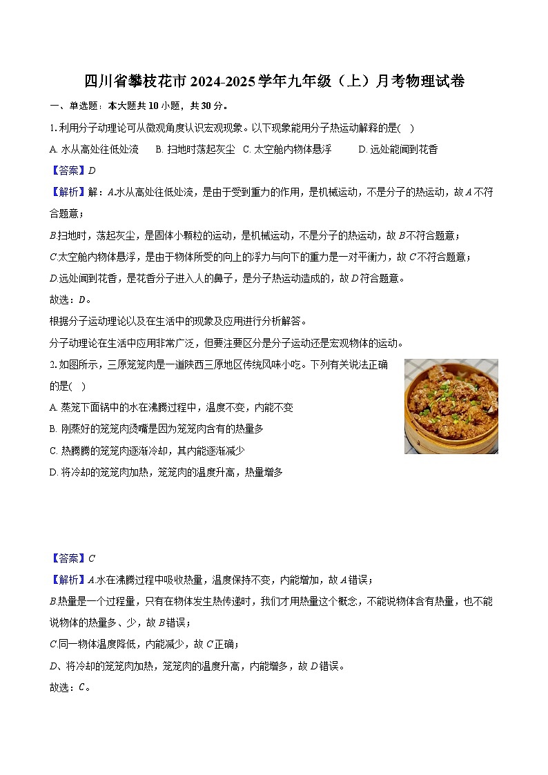 四川省攀枝花市2024-2025学年九年级（上）月考物理试卷（含解析）第1页