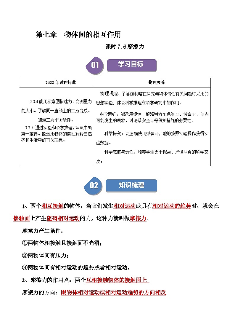课时7.6 摩擦力-2024-2025学年八年级物理下册同步学与练（北师大版(北京) (2024)（原卷版）第1页