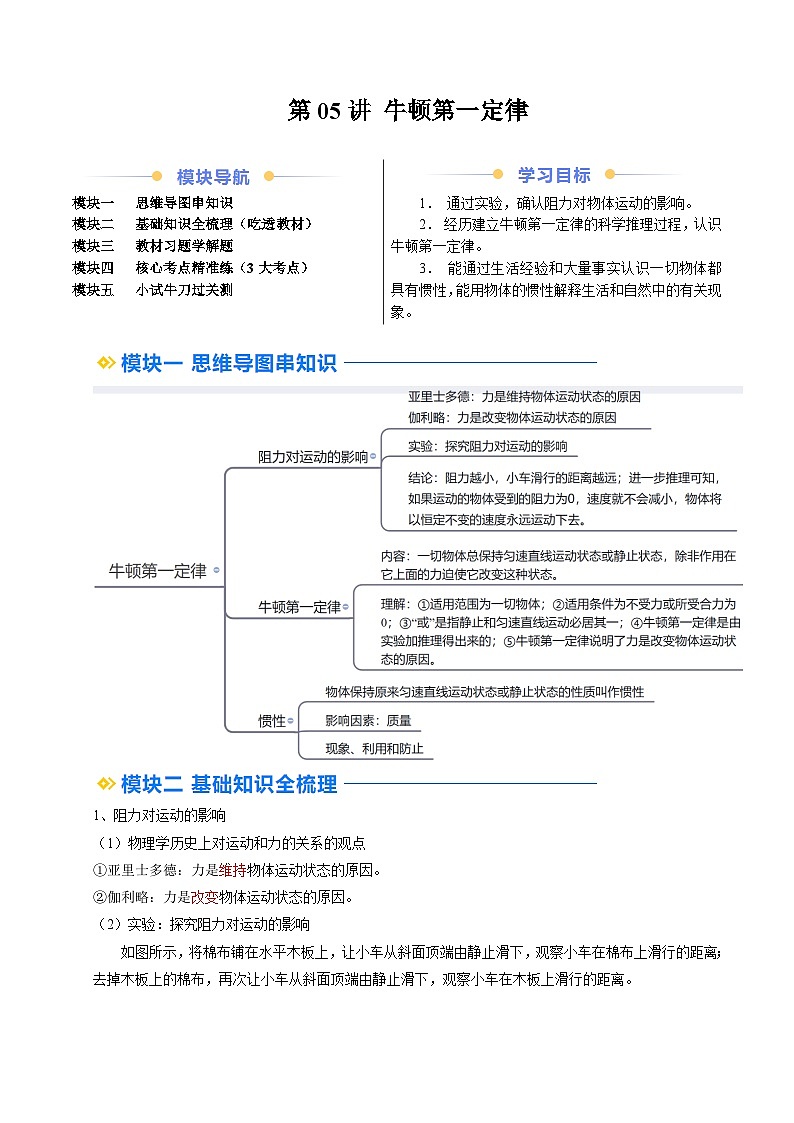 第05讲 牛顿第一定律（预习）（原卷版）第1页
