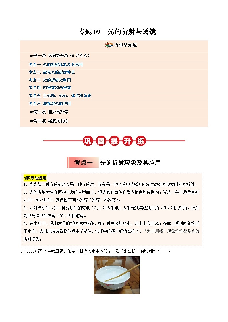专题09 光的折射与透镜（原卷版）第1页