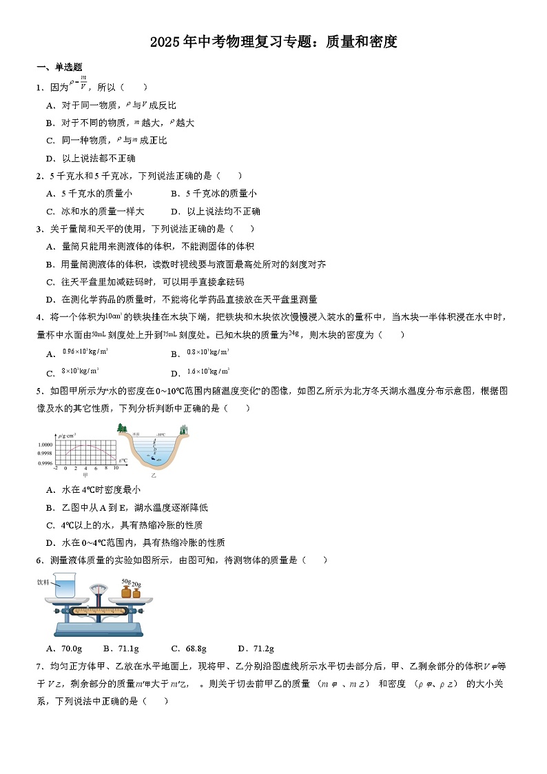 2025年中考物理复习专题练习：质量和密度第1页