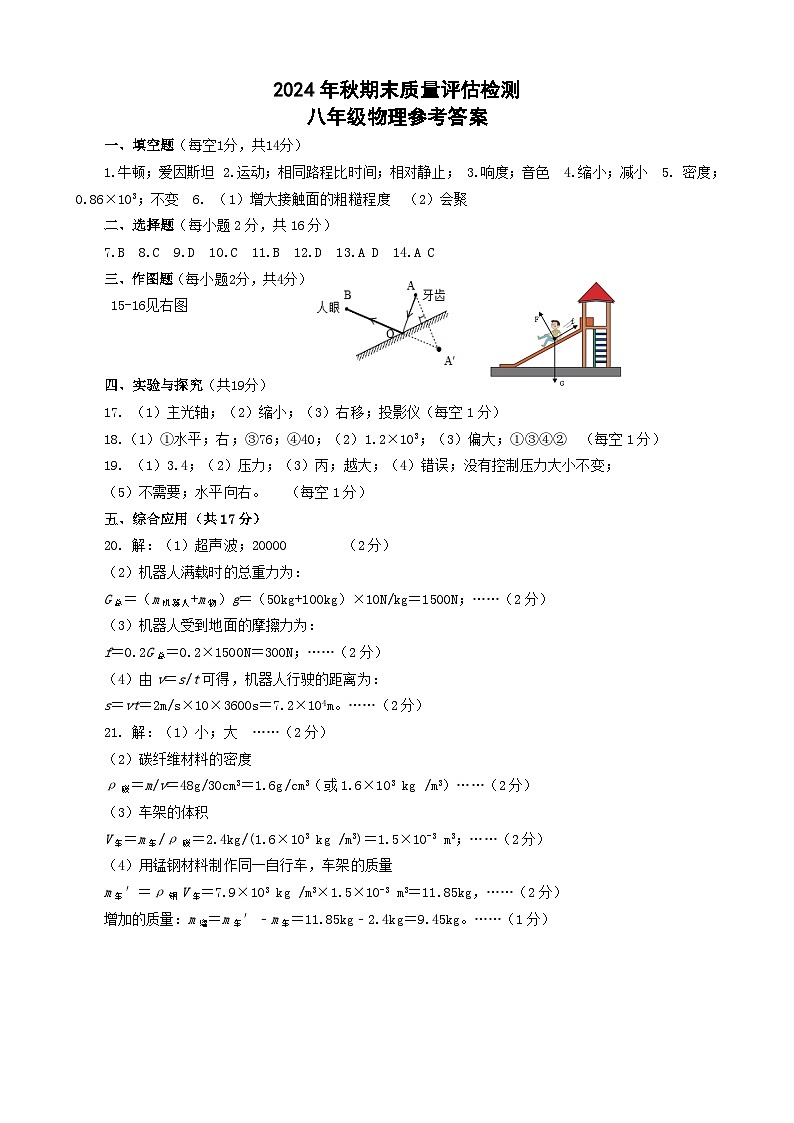 2024年秋期末八年级物理参考答案第1页