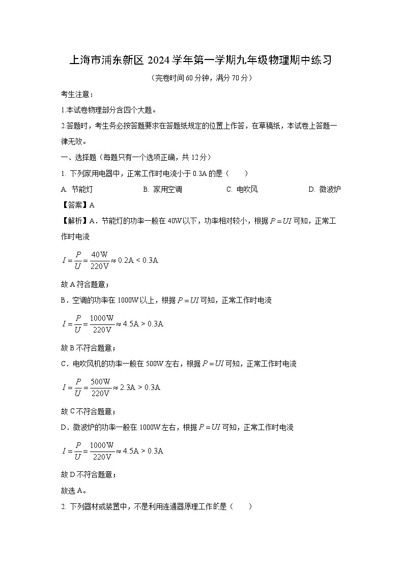 2024~2025学年上海市浦东新区九年级上学期期中考试物理试卷（解析版）第1页