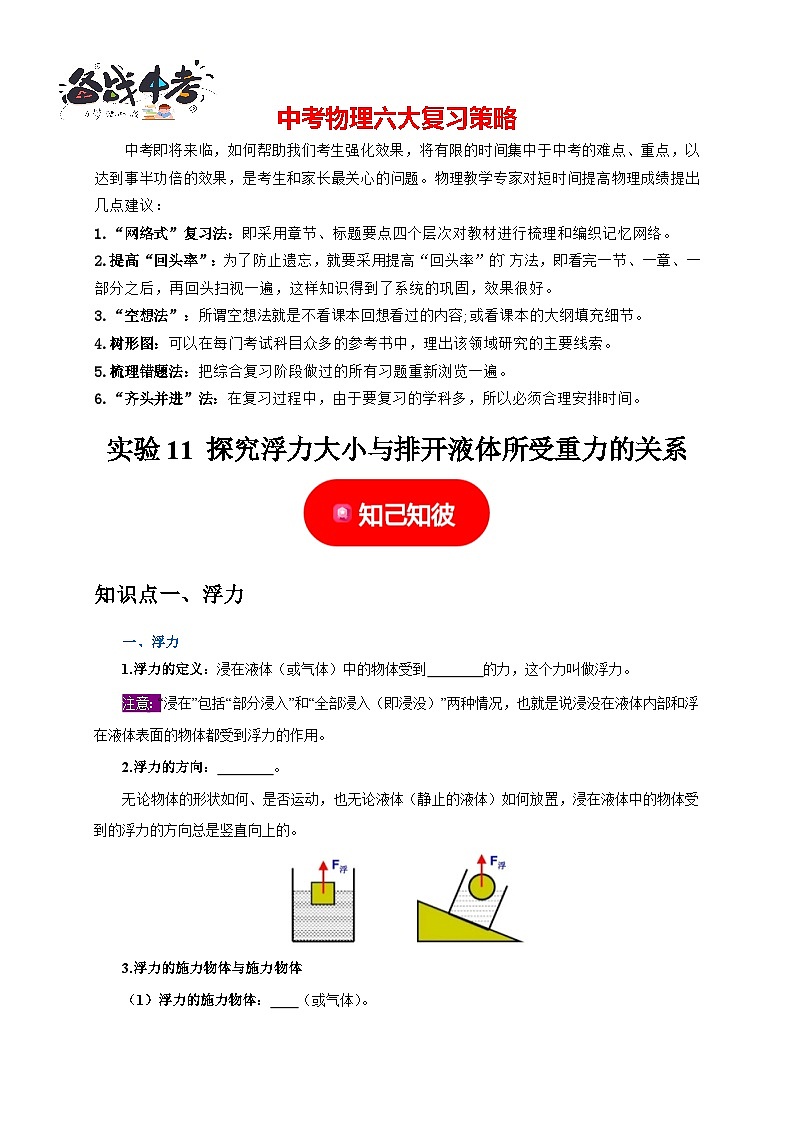 实验11 探究浮力大小与排开液体所受重力的关系（原卷版）第1页