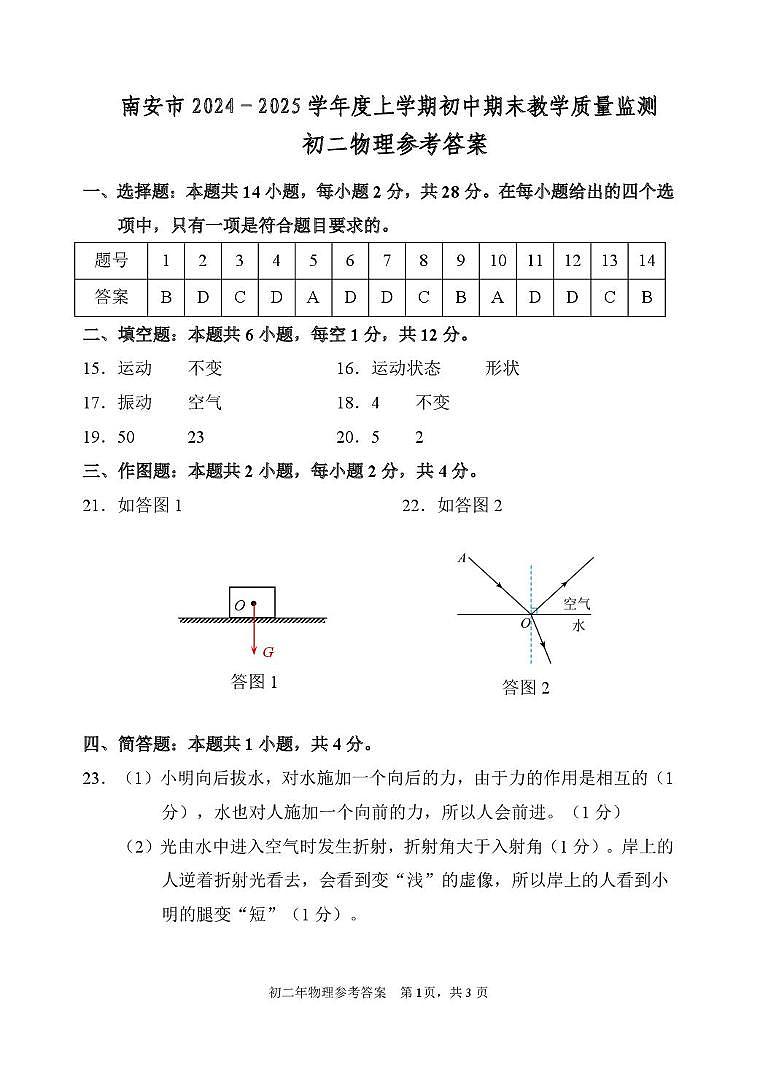 2024年南安市八年级上学期初二物理期末试卷及答案 2024秋南安市初二上学期物理科参考答案第1页