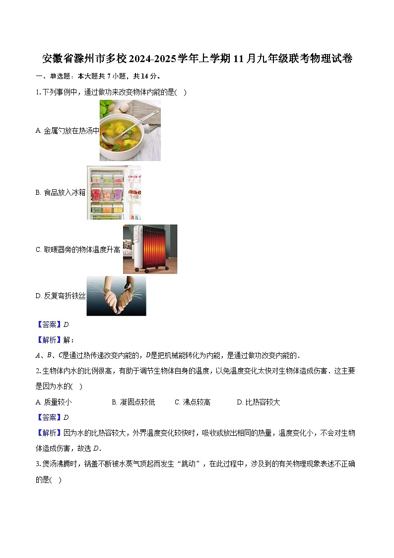 安徽省滁州市多校2024-2025学年上学期11月九年级联考物理试卷第1页