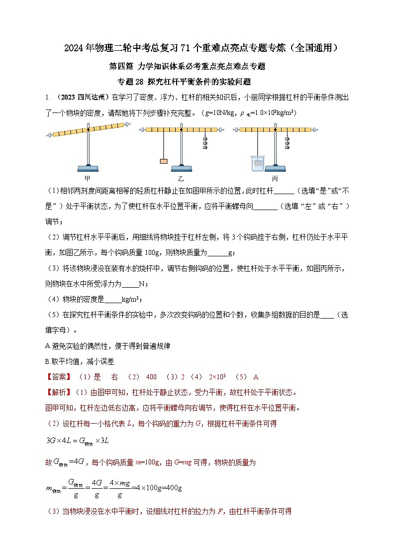 专题28 探究杠杆平衡条件的实验问题 （解析版） 第1页