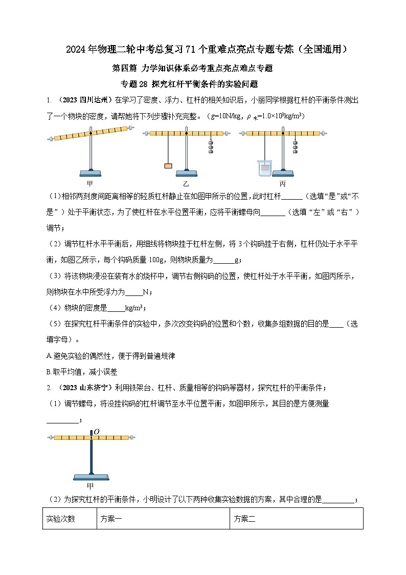 专题28 探究杠杆平衡条件的实验问题 （原卷版） 第1页