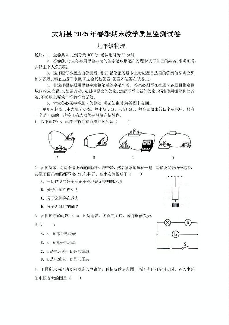 广东省梅州市大埔县2024-2025学年九年级上学期1月期末物理试题第1页