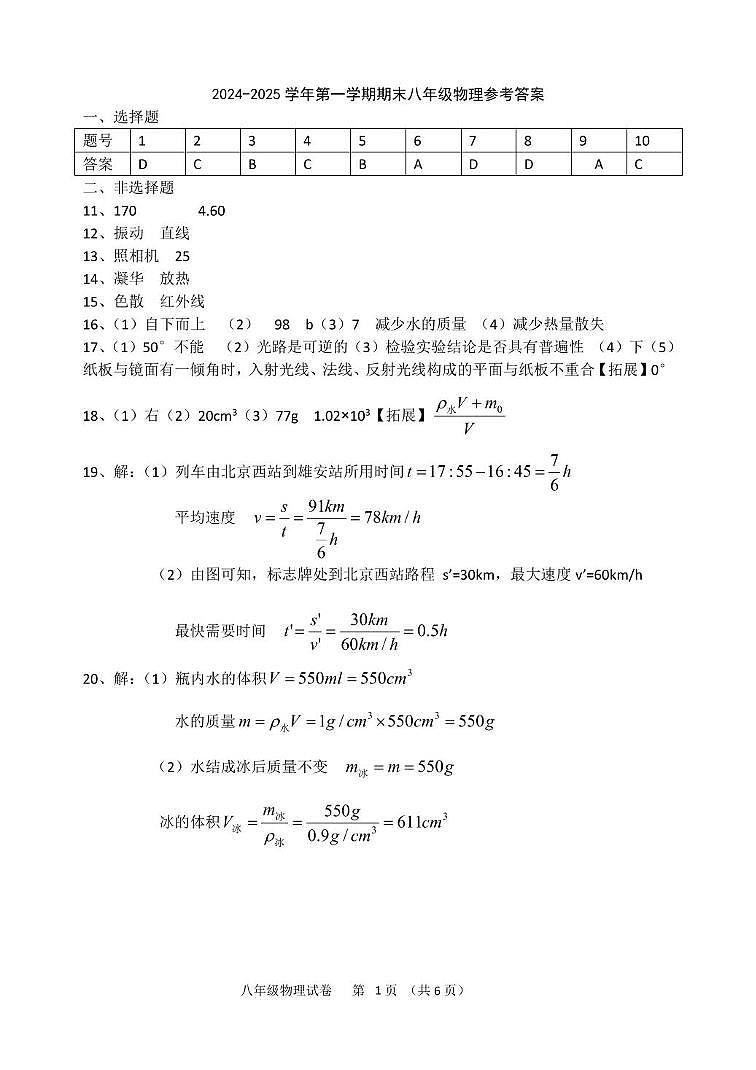 八年级物理参考答案第1页