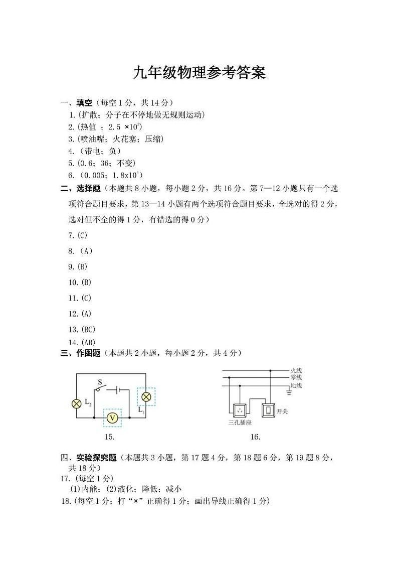 九年级物理参考答案第1页