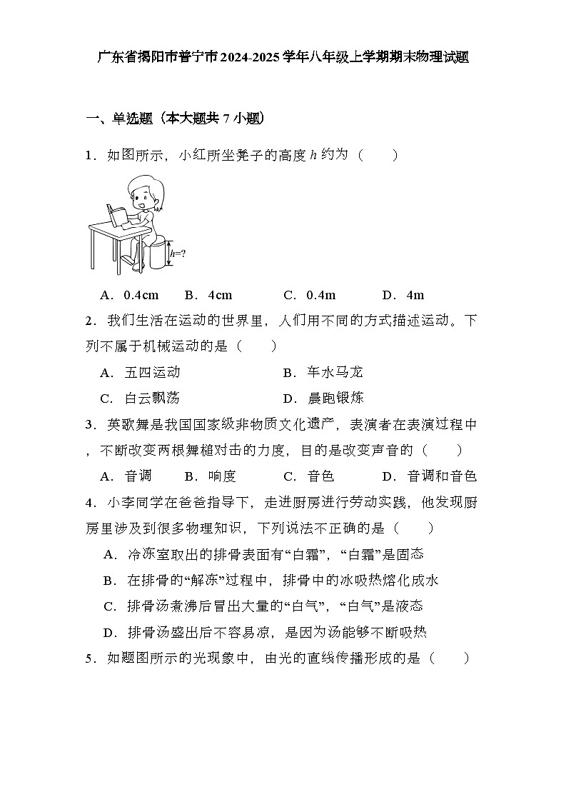 广东省揭阳市普宁市2024-2025学年八年级上学期期末 物理试题（含解析）第1页