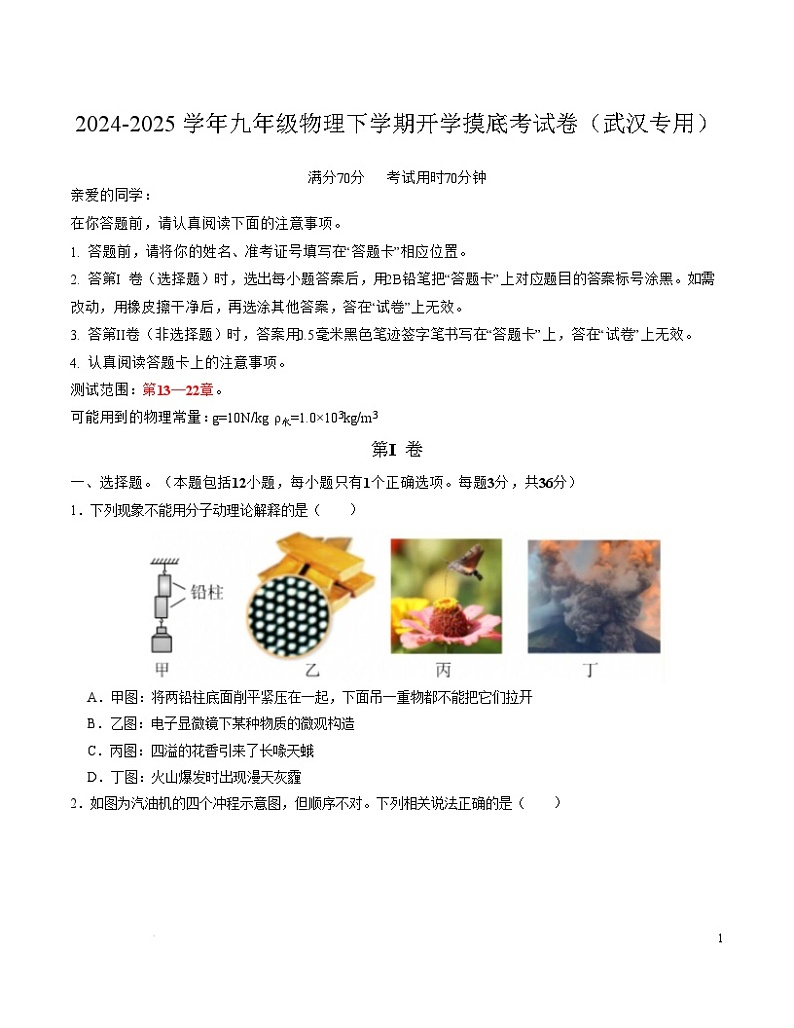 2024-2025学年九年级物理下学期开学摸底考试卷（武汉专用，人教版，第13~22章） 物理（武汉卷）（考试版A4）第1页