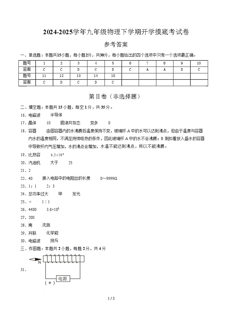 九年级物理开学摸底考试卷（参考答案）（沪科版）第1页