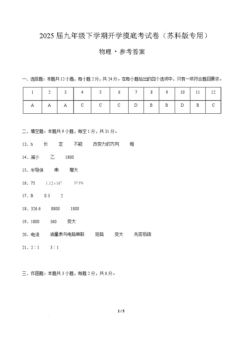 苏科版2024-2025学年九年级物理下学期开学摸底考试卷 物理（苏科版卷）（参考答案）第1页