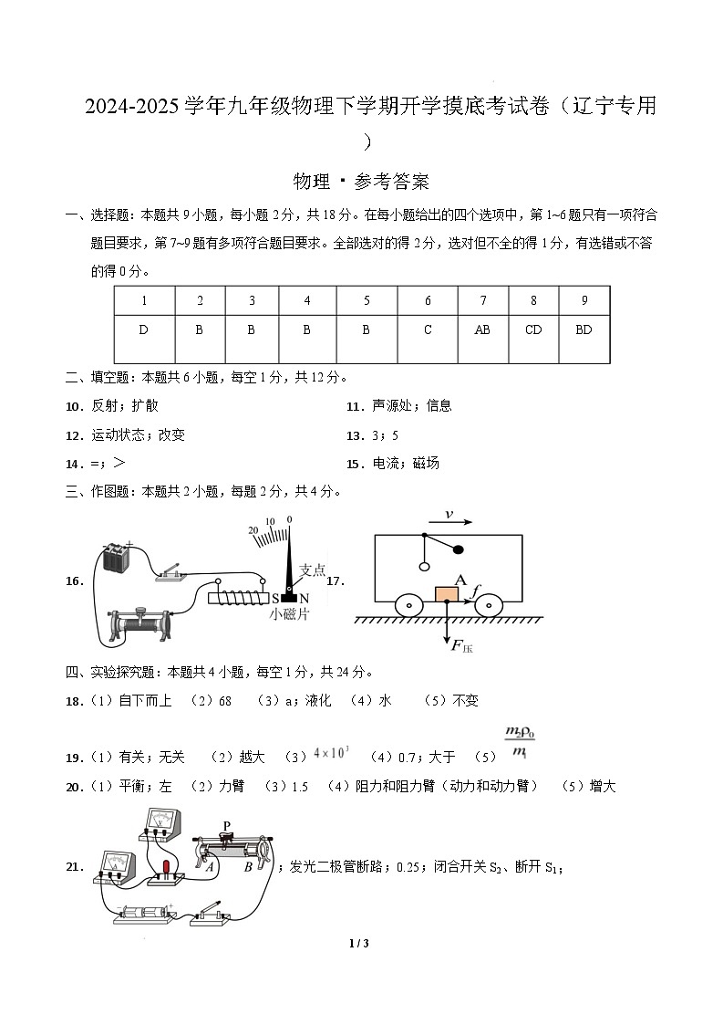 2024-2025学年九年级物理下学期开学摸底考试卷辽宁专用（参考答案）第1页