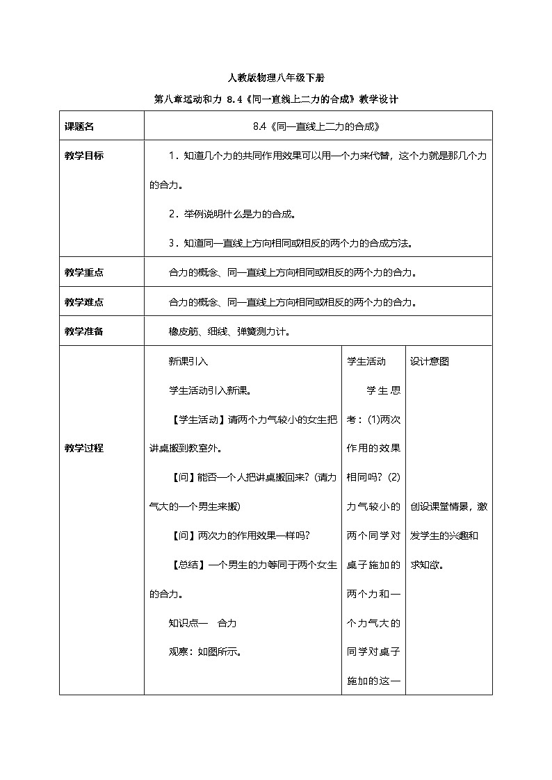 8.4《同一直线上二力的合成》教学设计第1页