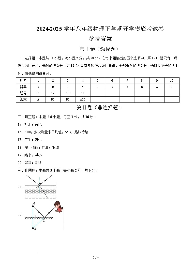八年级物理开学摸底考（参考答案）（人教版2024）第1页