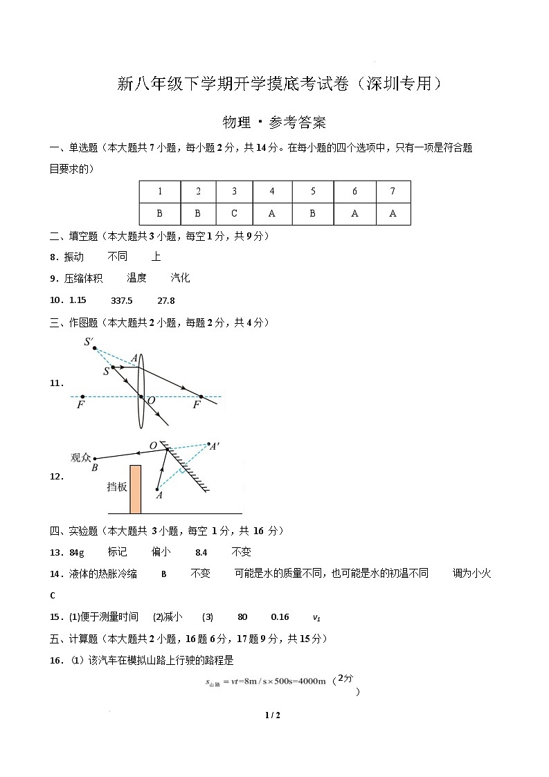 物理（深圳专用）（参考答案）第1页