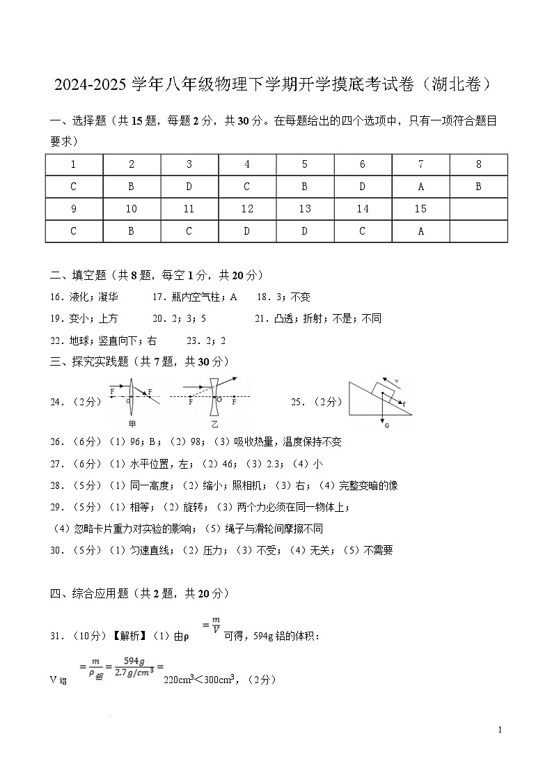 2024-2025学年八年级物理下学期开学摸底考试卷（湖北专用，人教版，第1~7章） 物理（湖北卷）（（参考答案）第1页