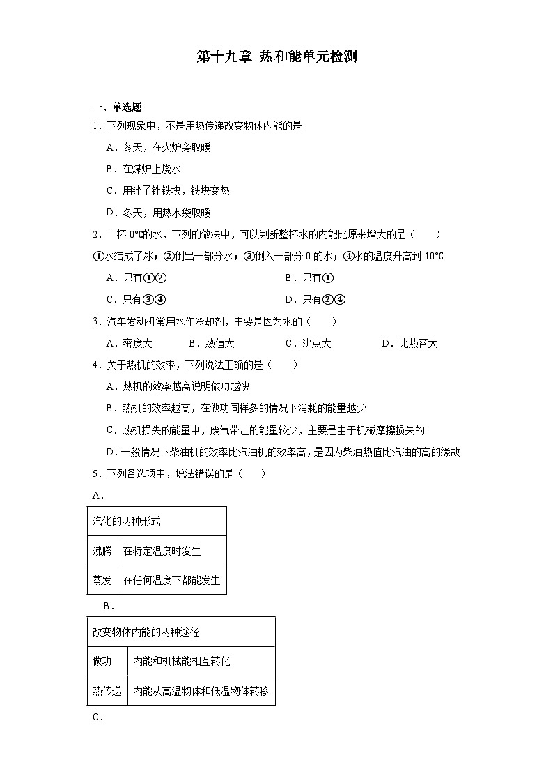第十九章热和能单元检测（含答案）鲁科版物理九年级第1页