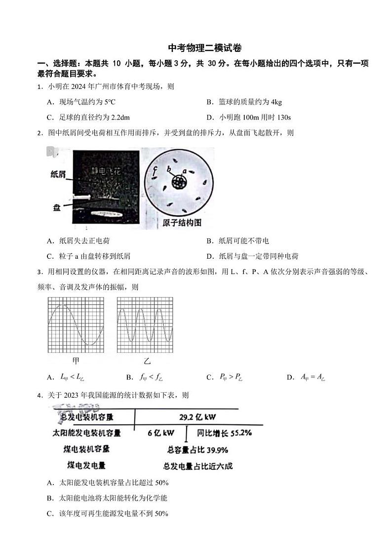 广东省广州市天河区2025年中考物理二模试卷附参考答案第1页