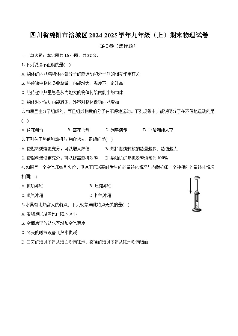 四川省绵阳市涪城区2024-2025学年九年级（上）期末物理试卷第1页