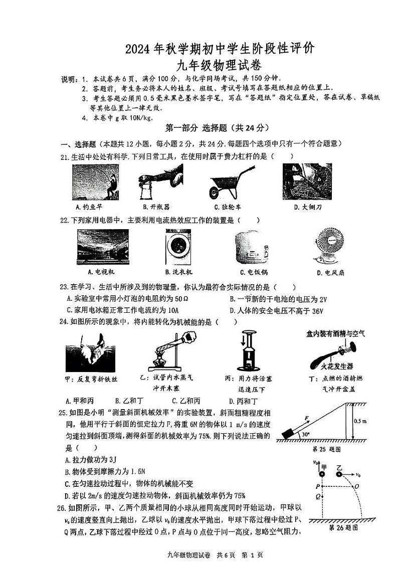 江苏省兴化市2024-2025学上学期期末检测九年级物理试卷第1页