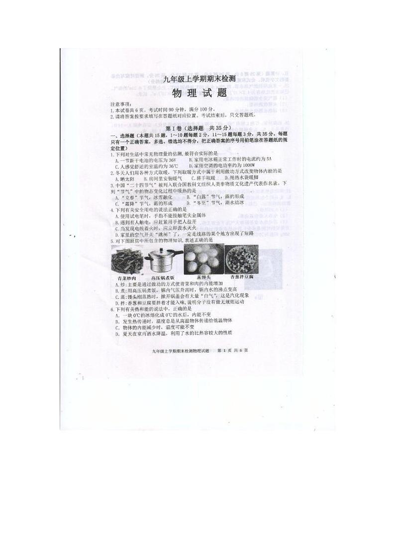 山东省泰安市新泰市2024-2025学年九年级上学期1月期末物理试题第1页