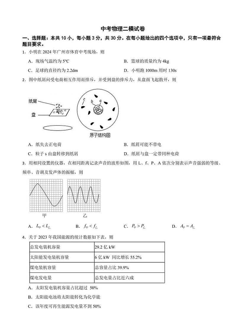 广东省广州市天河区2025年中考物理二模试卷附参考答案第1页