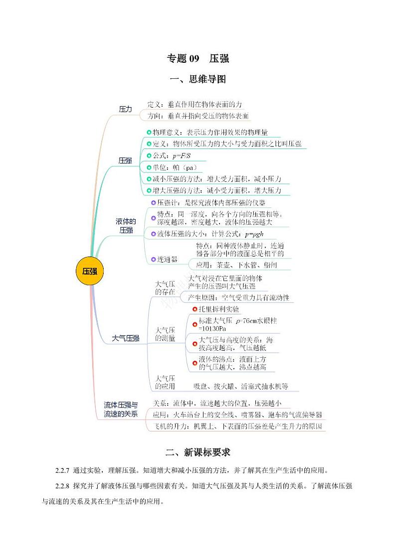 专题09 压强（知识梳理+典例+练习）-2024物理中考一轮复习资料（教师版） 2024年中考物理一轮复习资料第1页