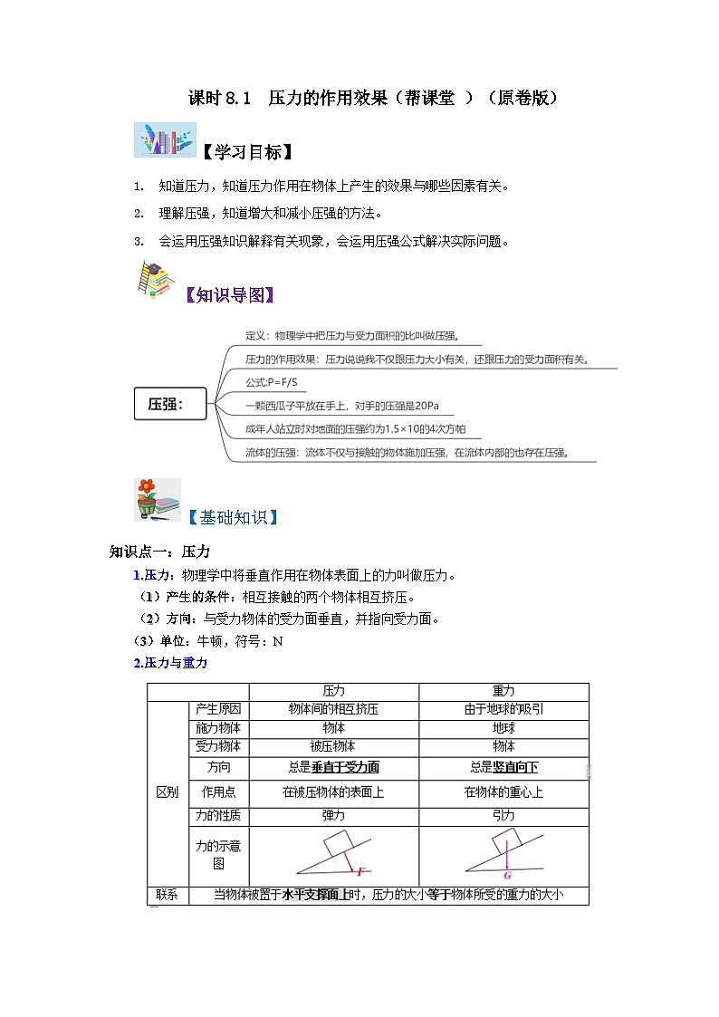 沪科版八年级物理下学期同步精品讲义课时8.1压力的作用效果(原卷版+解析)第1页