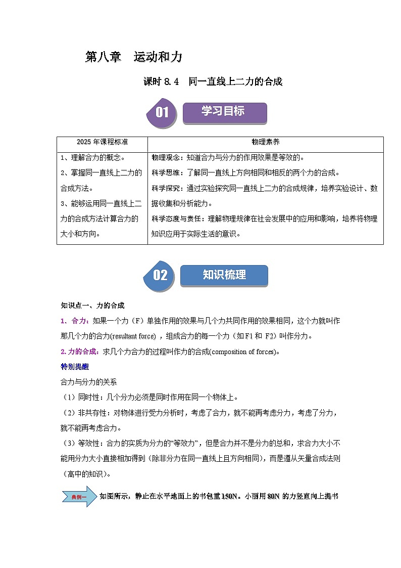 8.4  同一直线上二力的合成-知识点梳理+练习第1页