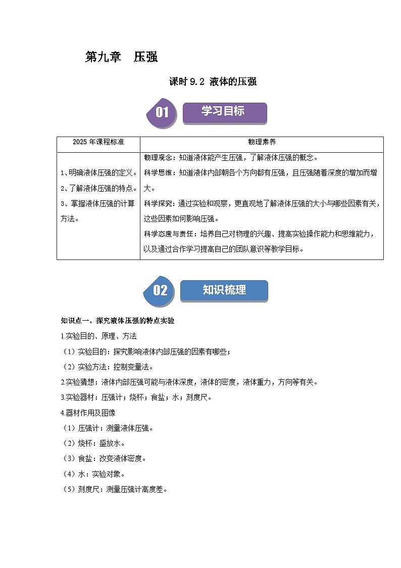 9.2 液体的压强-知识点梳理+练习第1页