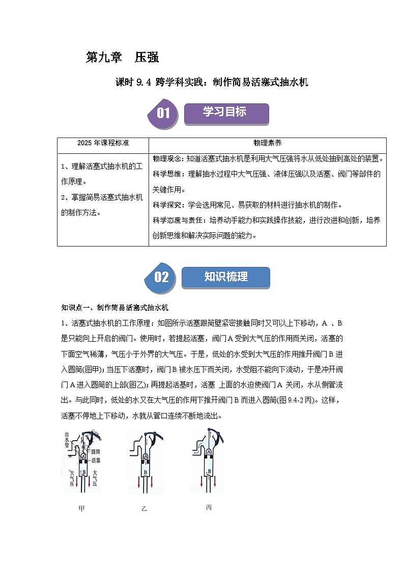 9.4 跨学科实践：制作简易活塞式抽水机-知识点梳理+练习第1页