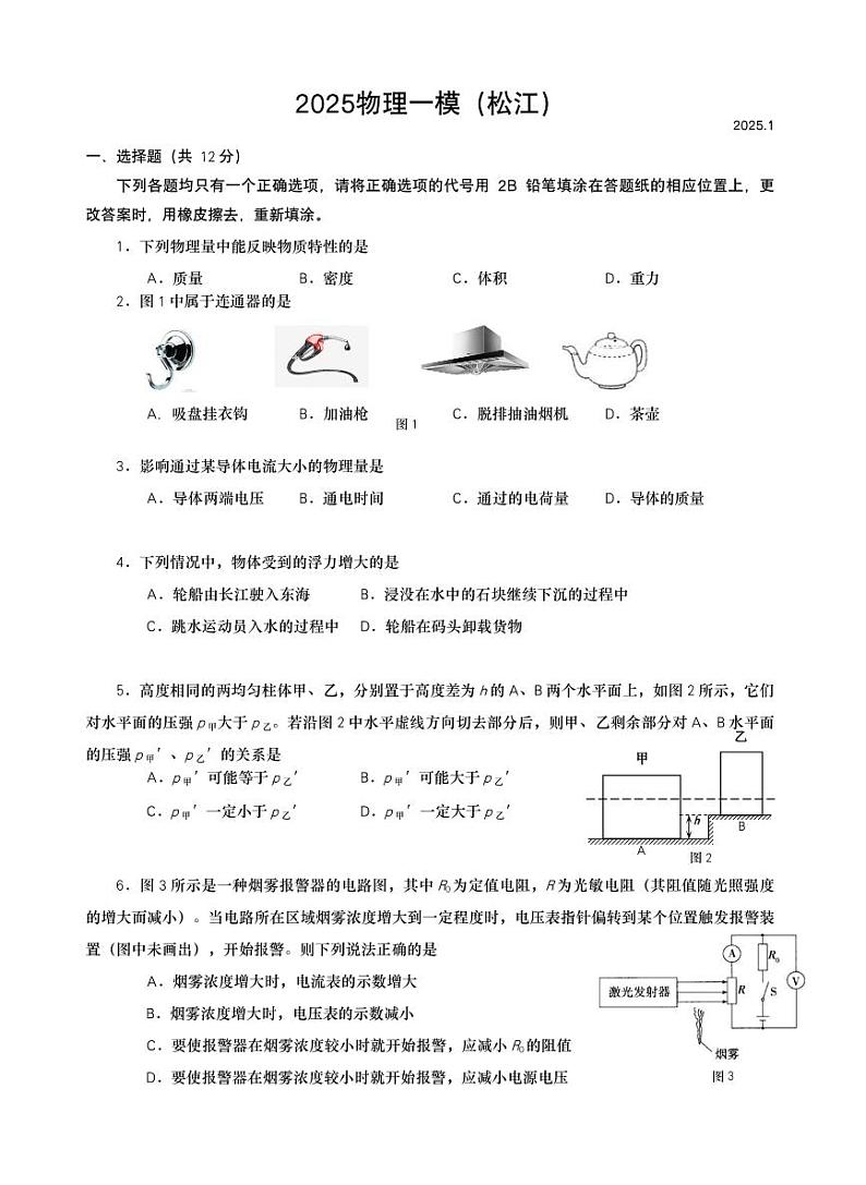 2025年上海市九年级物理一模松江区试卷含答案第1页