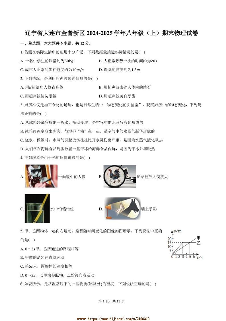 2024～2025学年辽宁省大连市金普新区八年级上期末物理试卷(含答案)第1页