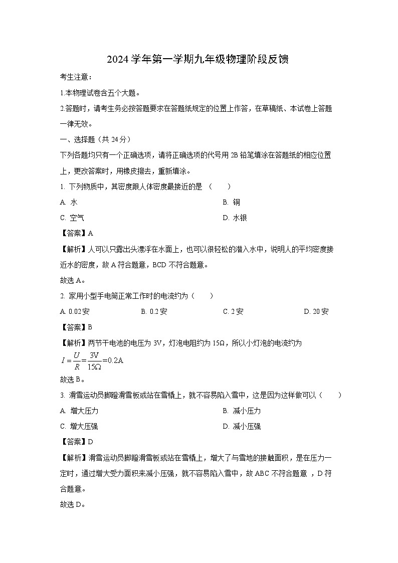 2024~2025学年上海市市北初级中学九年级上期中考试物理试卷（解析版）第1页