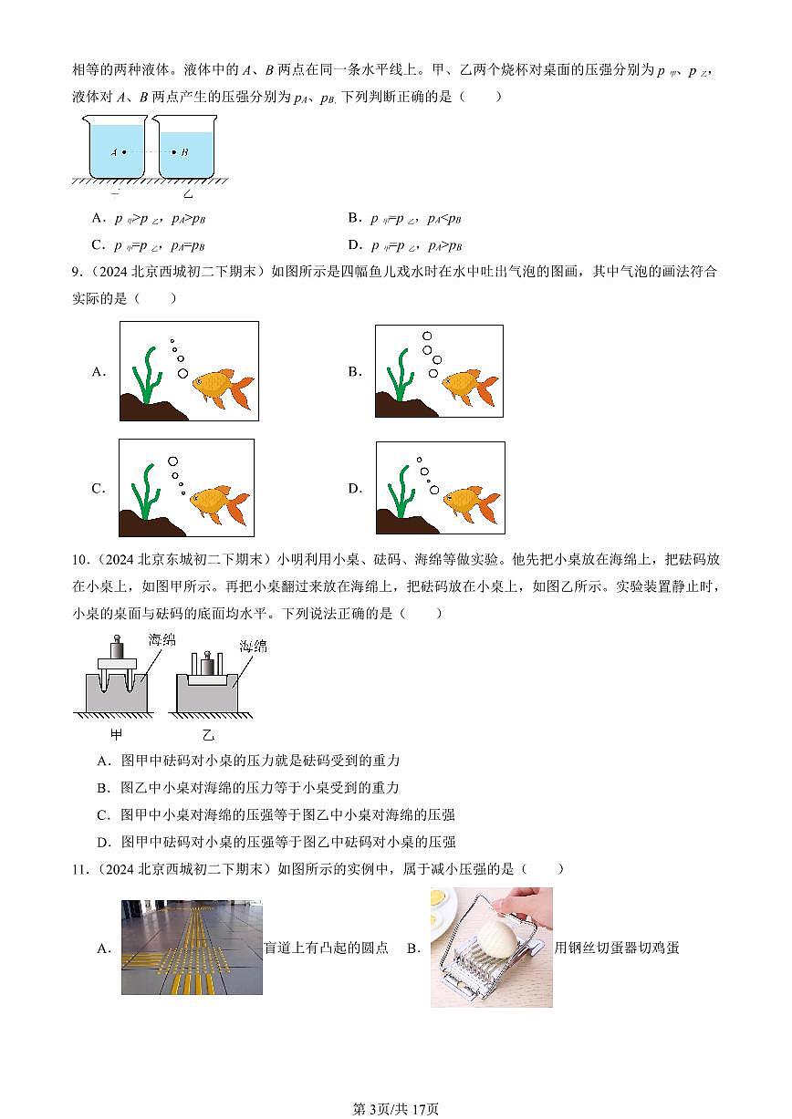 2024北京初二（下）期末真题物理汇编：压强章节综合（选择题）第3页